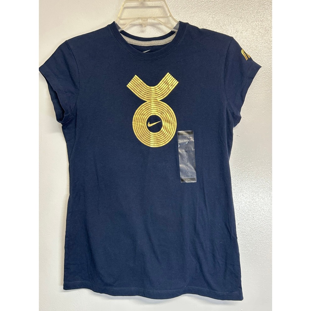 Nike Girls Navy Blue Gold Graphic T-Shirt Short Sleeve Crew Neck Large L 481791